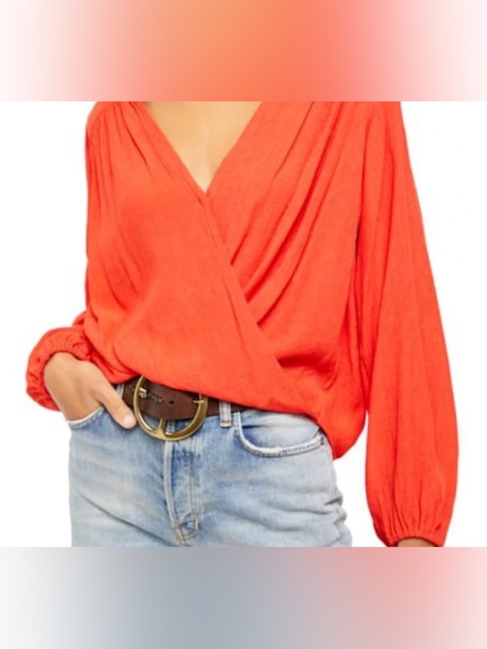 3 for 50 Free People Vibrant Red-Orange Wrap Blouse - Deep V-Neck - Picture 6 of 6